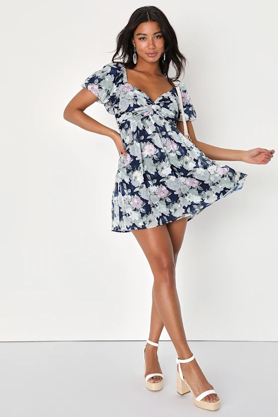 Fresh Florals Navy Blue Floral Print Puff Sleeve Mini Dress | Lulus (US)