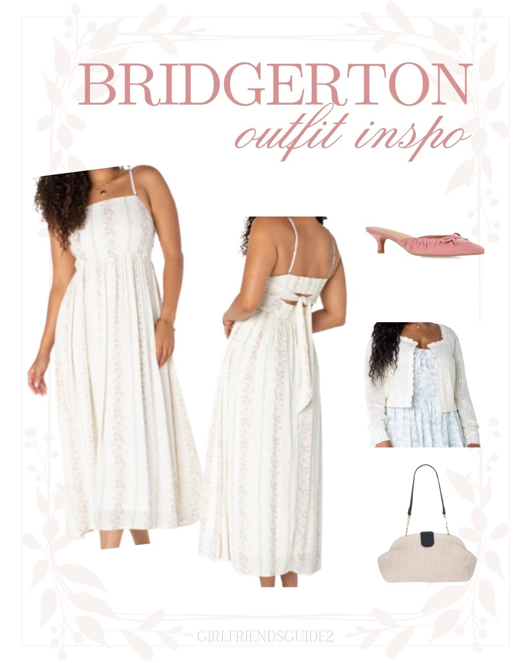 Walmart Celebrity Pink Bridgerton  tie back midi style dress , cardigan, and pink faux  suede kitten heel mules, and Free Assembly faux leather clutch.
#walmart #bridgerton #dress #mules #purse #freeassembly