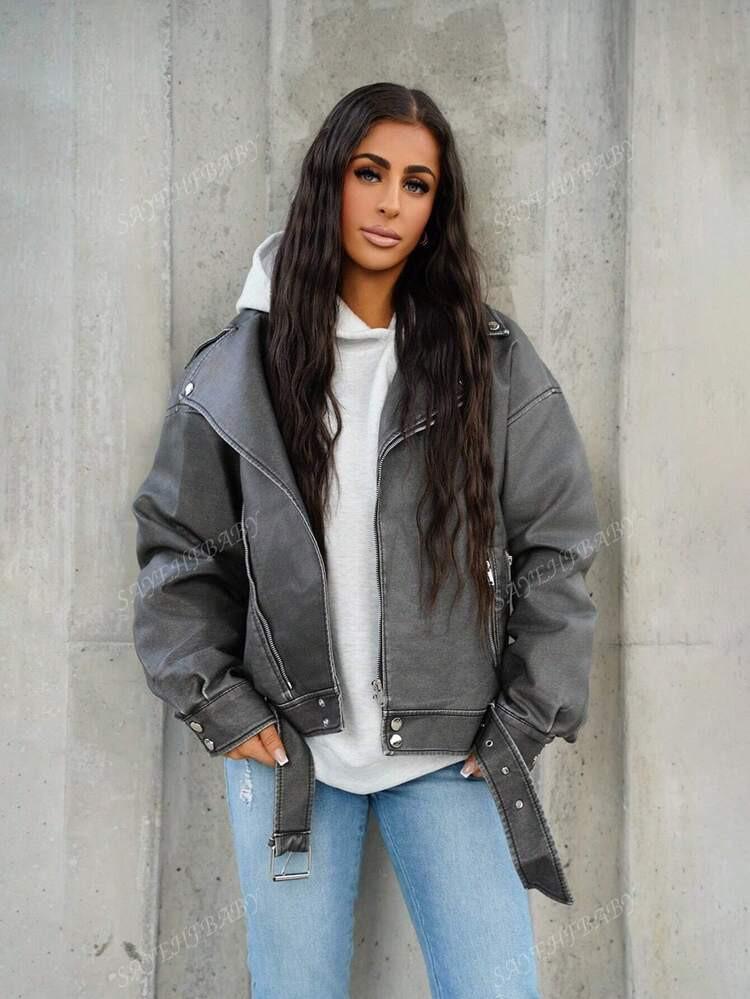 SAYEHFBABY Vintage Washed PU Leather Lapel Loose Motorcycle Jacket  Fall Winter Cloth For Women | SHEIN