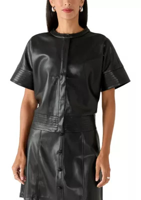 Women's Faux Leather Pleated Short Sleeve Top | Belk