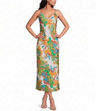 Haven Scarf Printed V-Neck Sleeveless Satin Slip Maxi Dress | Dillard's