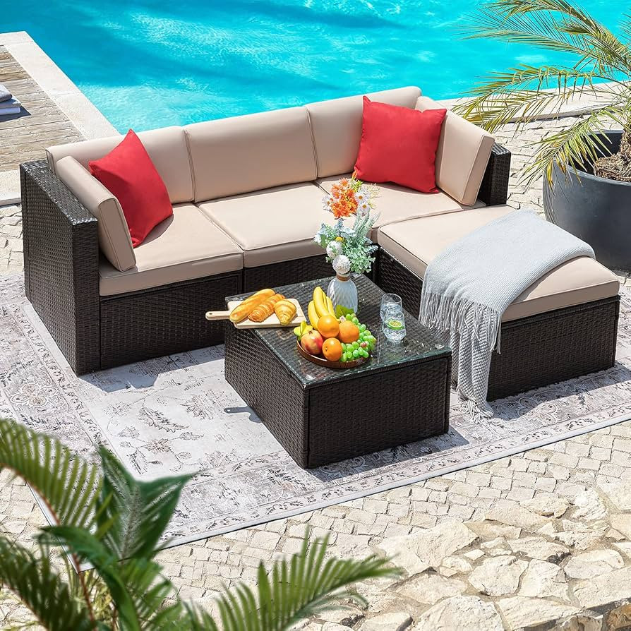 Flamaker Patio Furniture Set 5 Piece Outdoor Wicker Sectional Sofa with Thick Cushions & Tempered... | Amazon (US)