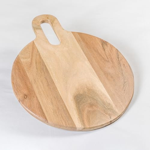 The Fine Living Co. Round Serveware Board with Handle, Charcuterie Boards, Acacia Wood 0.6" Thick Board, Bread Board for Serving Meat, Cheese, Pizza Peel, Food-grade, 15" × 12", Natural Pale | Amazon (US)