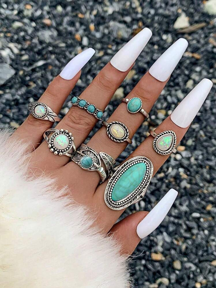 Imoli 8Pcs/Set Turquoise Decor Ring Boho | SHEIN