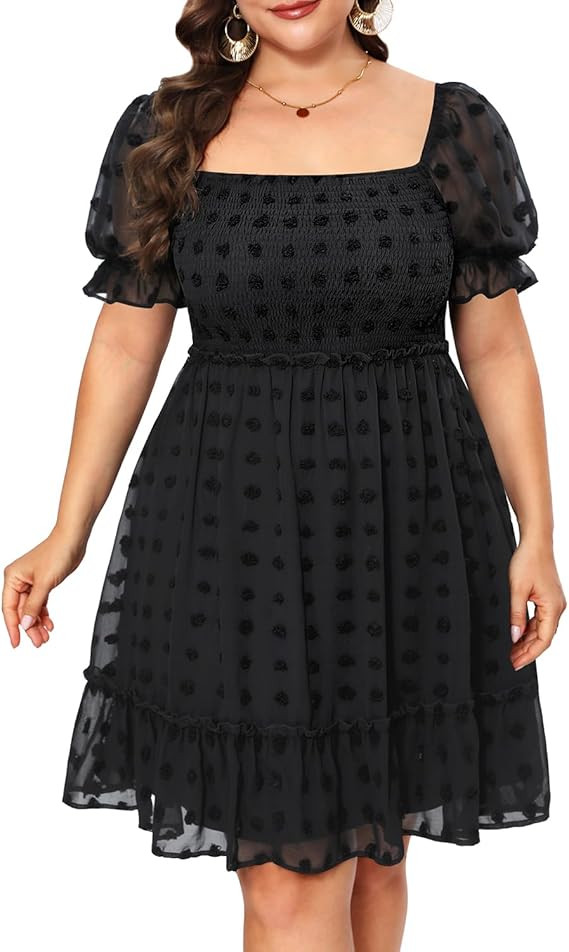 Plus Size Square Neck Graduation Summer Casual Sundress Chiffon Swiss Dot Ruffle Flowy Short Smoc... | Amazon (US)