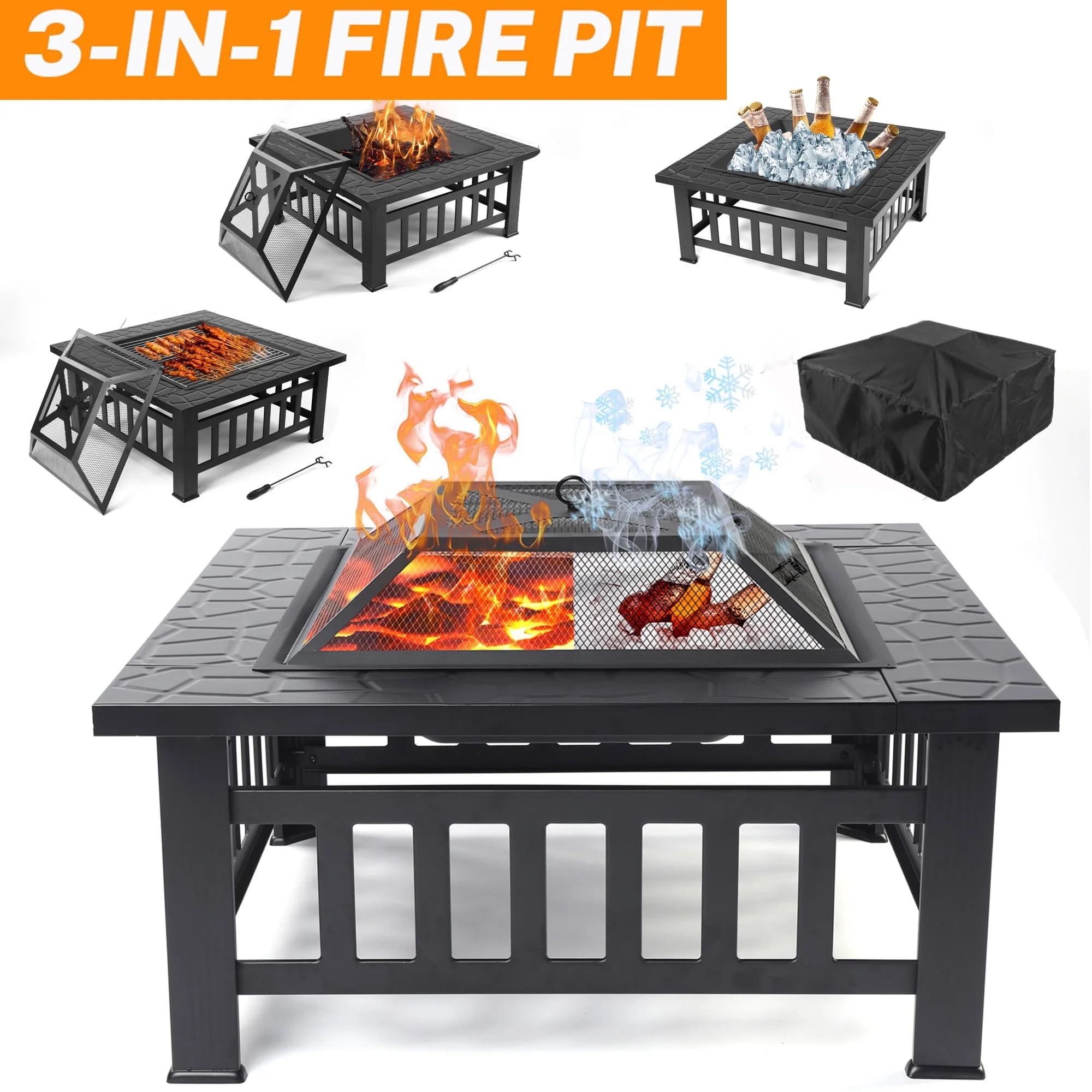 32'' Multipurpose Fire Pit, Outdoor Fire Pit Table for Net Lid/Poker, Square Bronze Firepit Stove... | Walmart (US)
