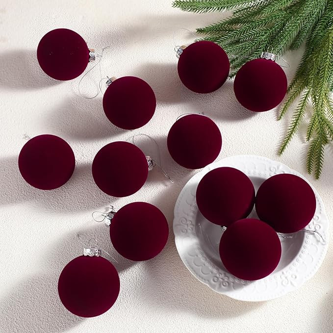 Sosation 12 Pcs 3.14" Burgundy Wine Red Large Glass Velvet Christmas Ball Ornaments Glass Flocked... | Amazon (US)