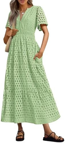 PRETTYGARDEN Womens 2026 Summer Maxi Dress Short Sleeve V Neck Hollow Out Eyelet A Line Long Flow... | Amazon (US)