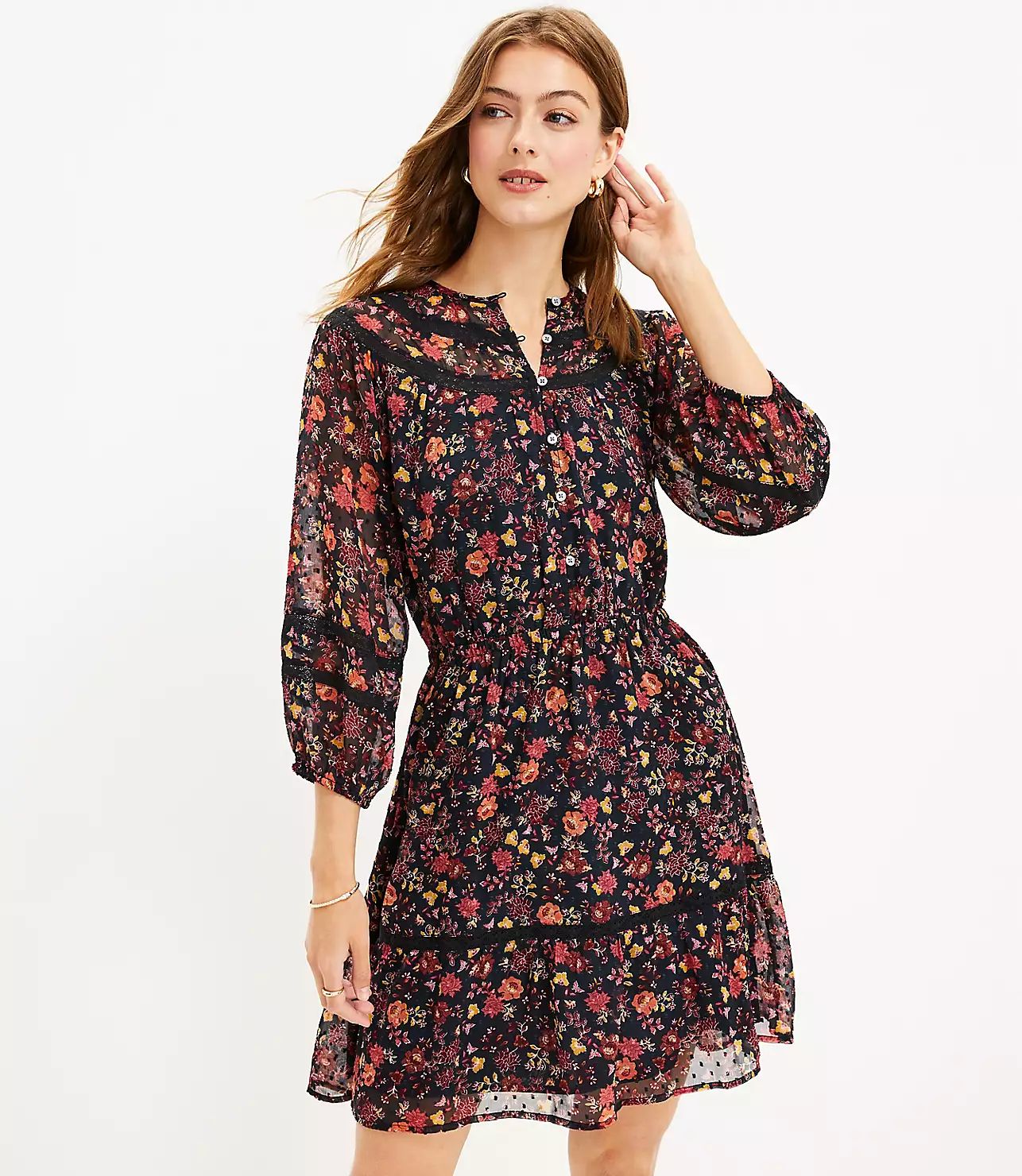 Petite Floral Clip Tiered Button Dress | LOFT