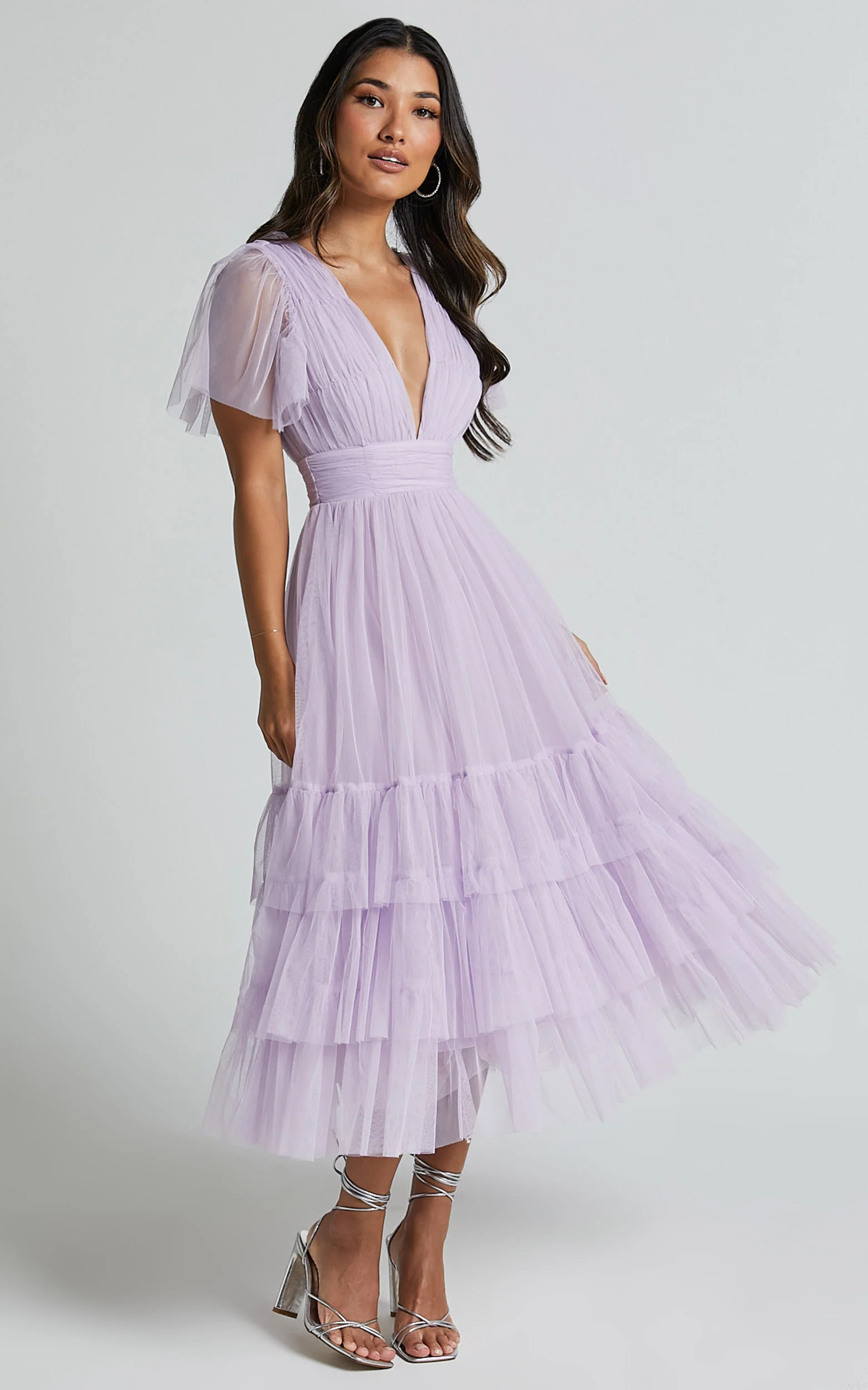 Jiraye Midi Dress - Flutter Sleeve Tuelle Plunge Dress in Lilac | Showpo USA | Showpo (US, UK & Europe)