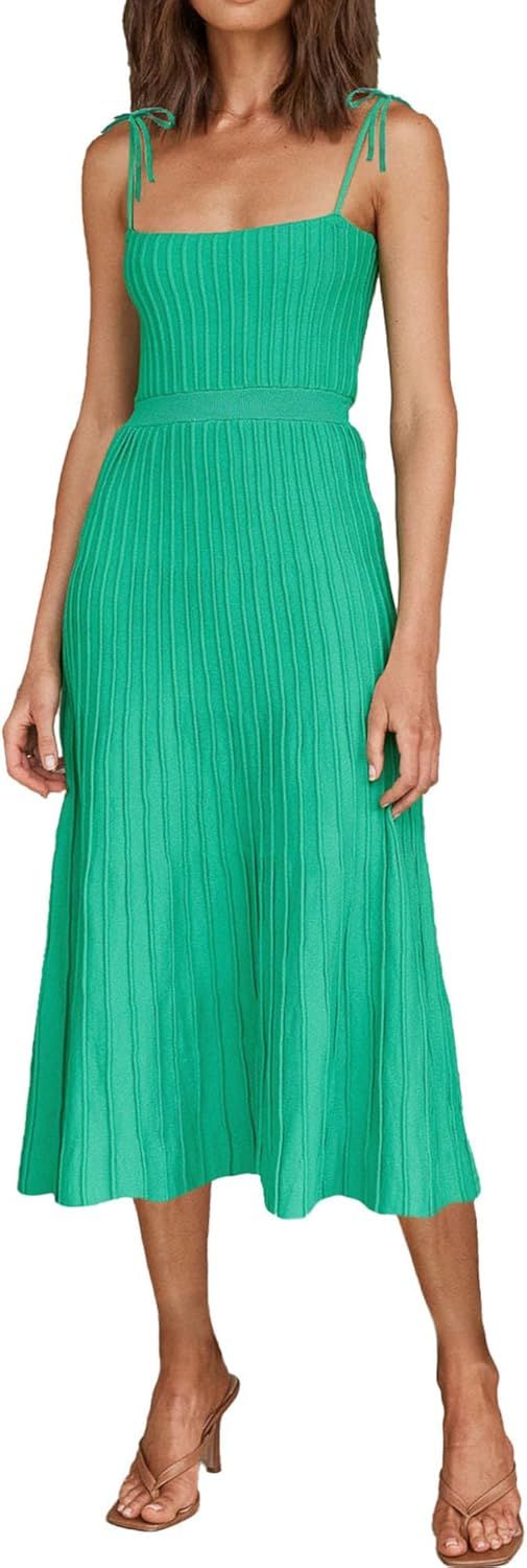 ARTFREE Womens Ribbed Knit Summer Maxi Dresses Tie Straps Square Neck Party Long Dress | Amazon (US)