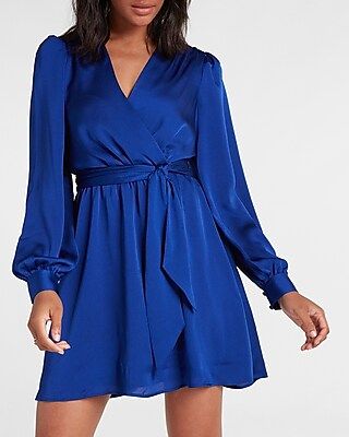 Satin Tie Waist Long Sleeve Mini Dress | Express