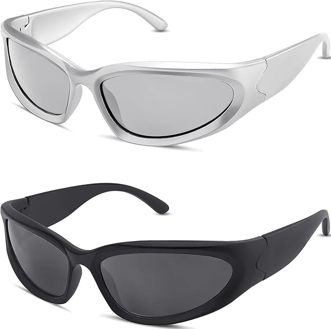Y2K Wrap Around Sunglasses Trendy Silver Glasses Retro 90s Shades Women Futuristic | Amazon (US)