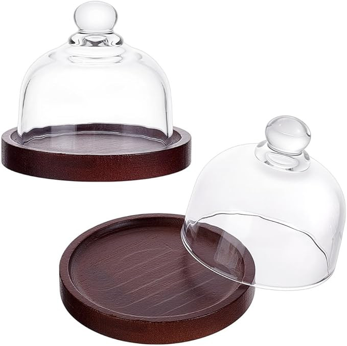 NBEADS 2 Pcs Mini Wooden Cake Stand with Glass Dome, Small Cake Plate with Cover Cake Tray with L... | Amazon (US)