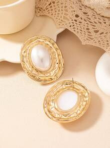 1pair Geometric Texture Oval Pearl Inlay Pendant Vintage Elegant Women Earrings | SHEIN