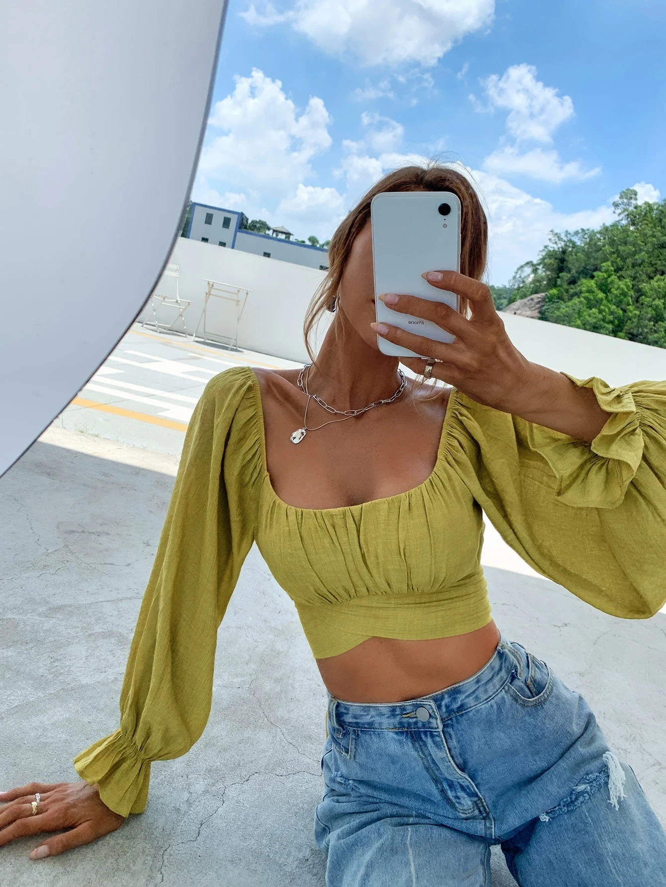 Square Neck Flounce Sleeve Tie Back Crop Milkmaid Blouse | SHEIN