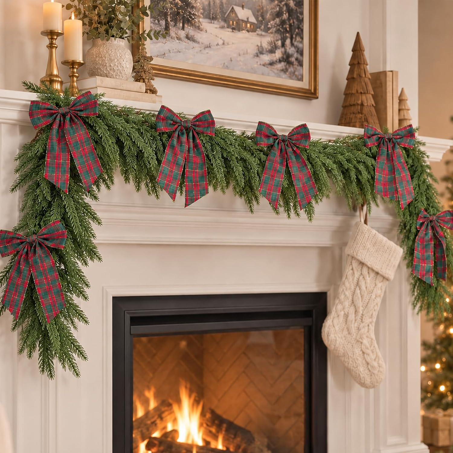 Christmas Garland with Bows Artificial Pine Garland Mantel Fireplace Decor | Amazon (US)