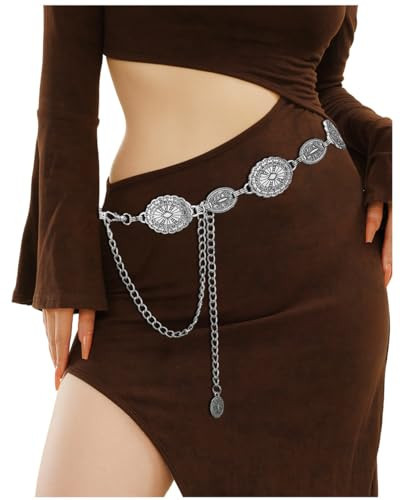 Silver Waist Chain Western Belts for Woman Rhinestone Cowboy y2k Jewelry Boho Chunky Belt for Dresses Jeans | Amazon (US)
