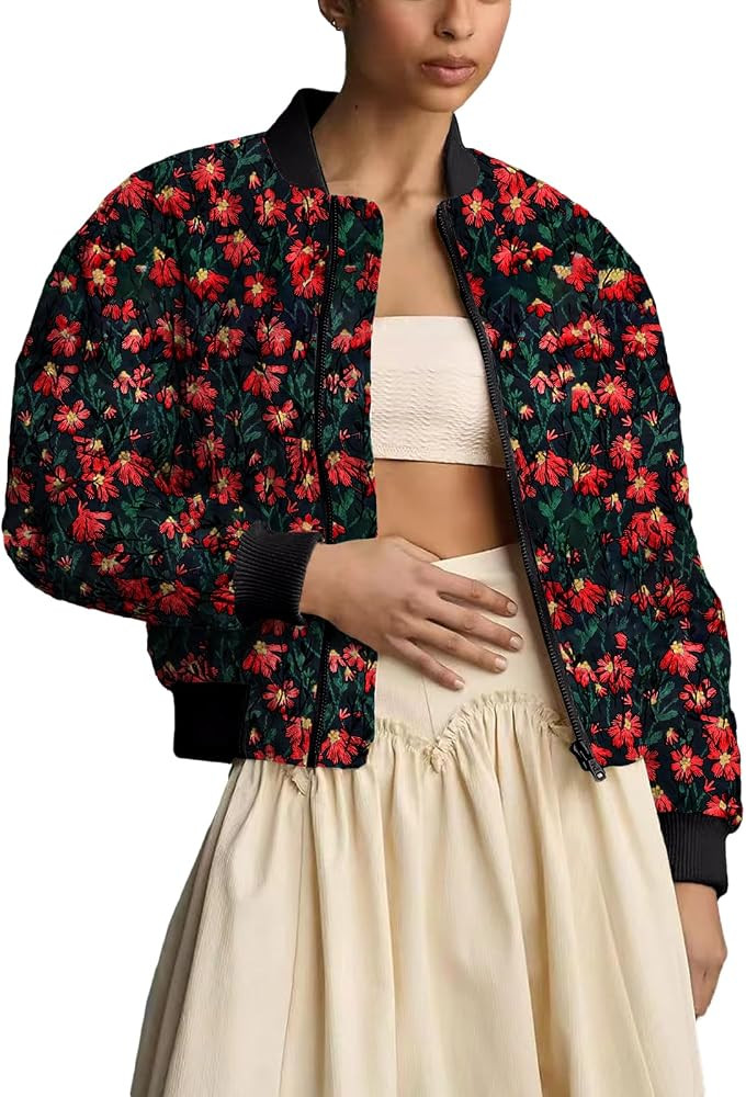 Shiyifa Women's Embroidered Daisy Cropped Bomber Jacket Long Sleeve Zipper Down Cotton Padded Coa... | Amazon (US)