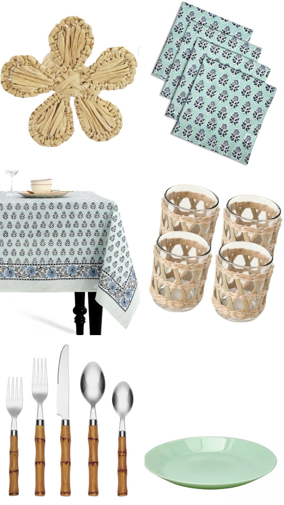 Spring garden party tablescape with block print table linens, tablecloth and napkin, bamboo preppy flatware and rattan glassware and napkin rings 

#LTKMothersDay #LTKHome