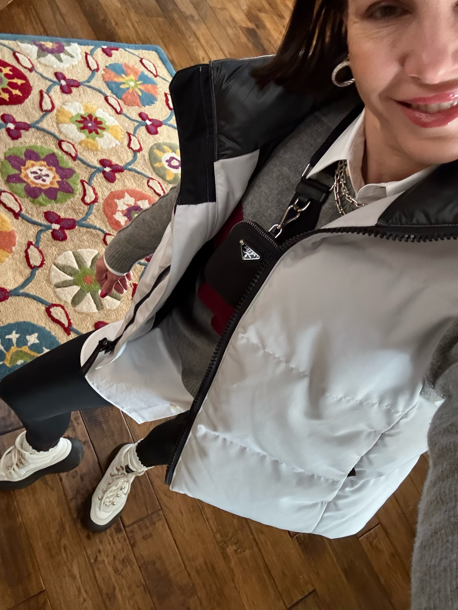 Cute and comfortable winter outfit. Love these Spanx faux leather leggings. Stella McCartney button-down, sweater is old, Canada, goose vest, Prada cross body

Casual winter outfit, snow boots 

#LTKStyleTip #LTKOver40 #LTKSeasonal