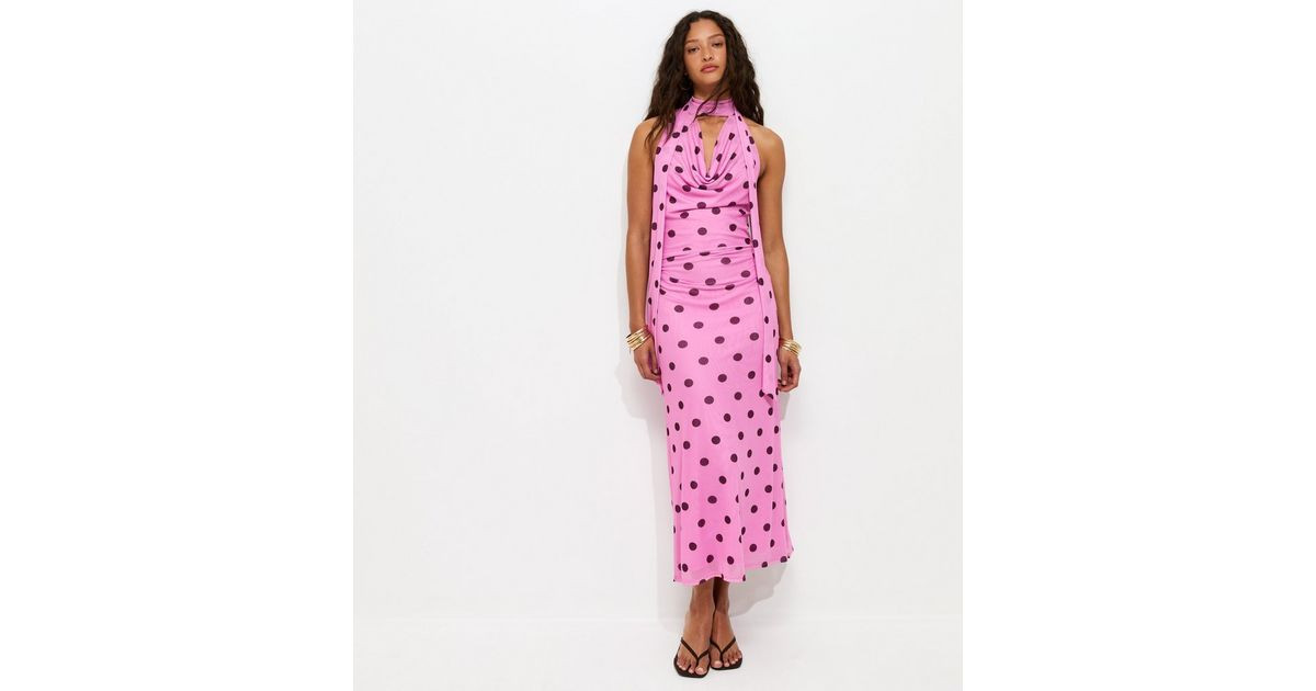 Pink Polka Dot Cowl Neck Scarf Trim Midi Dress | New Look | New Look (UK)