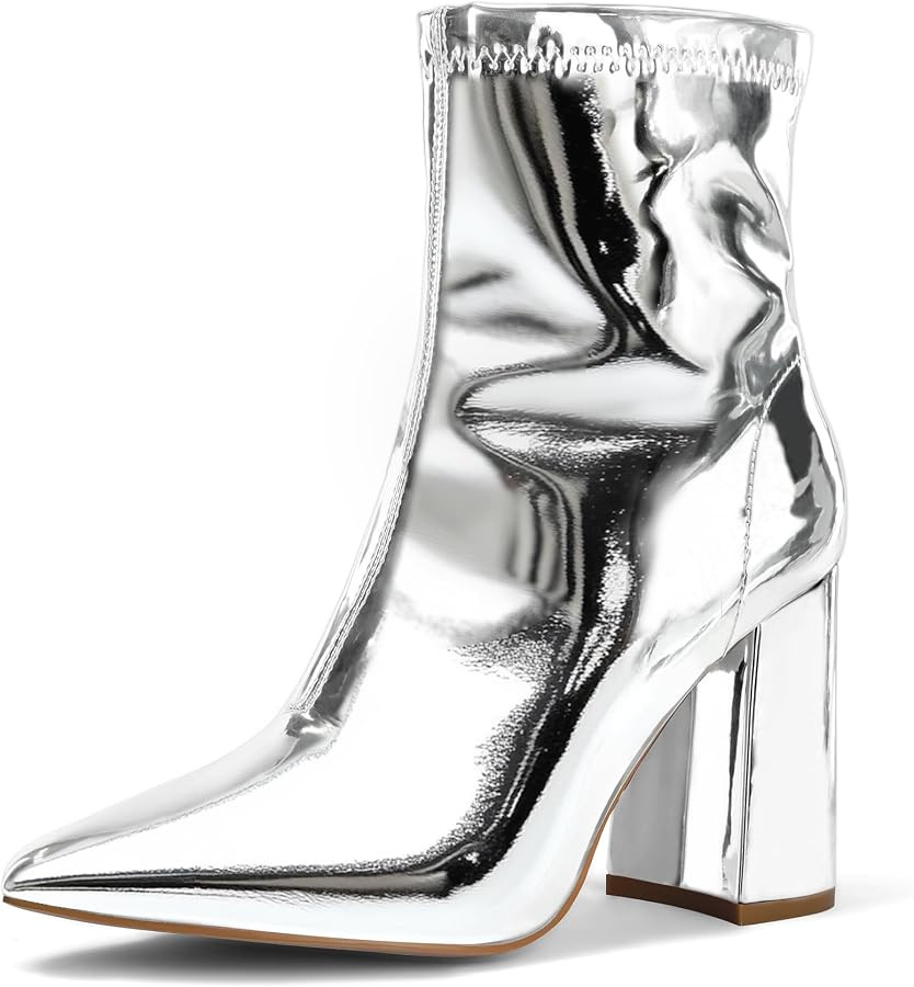 mysoft Women's GoGo Boots Mid Calf Block Heel Ankle Boots Pointed Toe Patent Leather Side Zipper ... | Amazon (US)