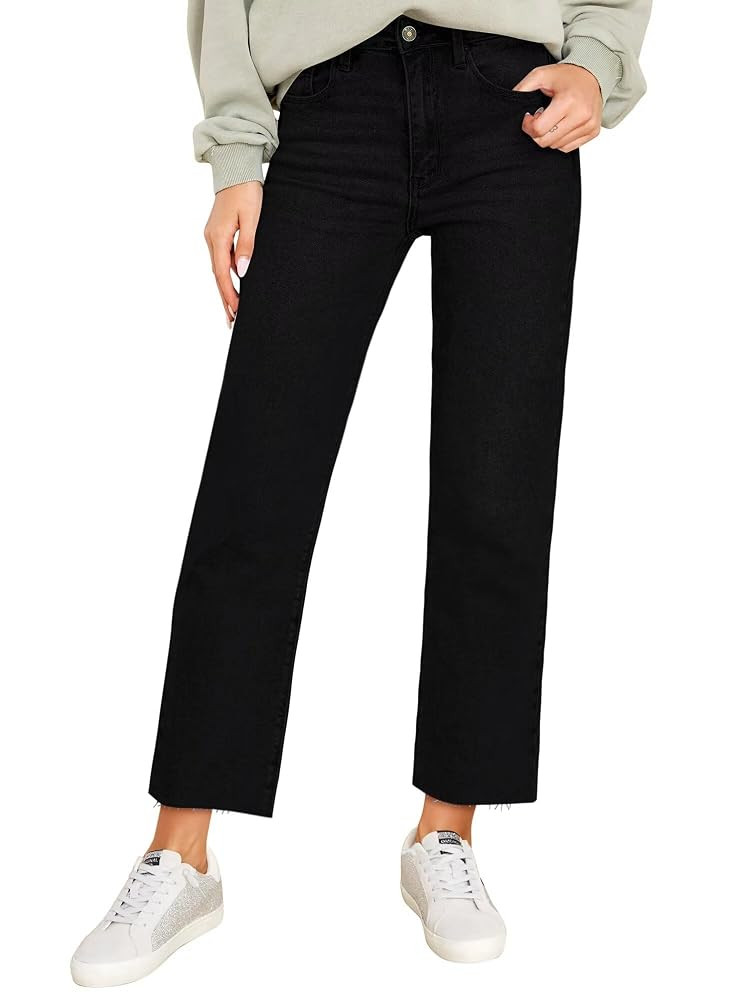 KDF Women's Cropped Straight Leg Jeans - High Waisted Jeans for Women 7/8 Length Denim Pants with... | Amazon (US)