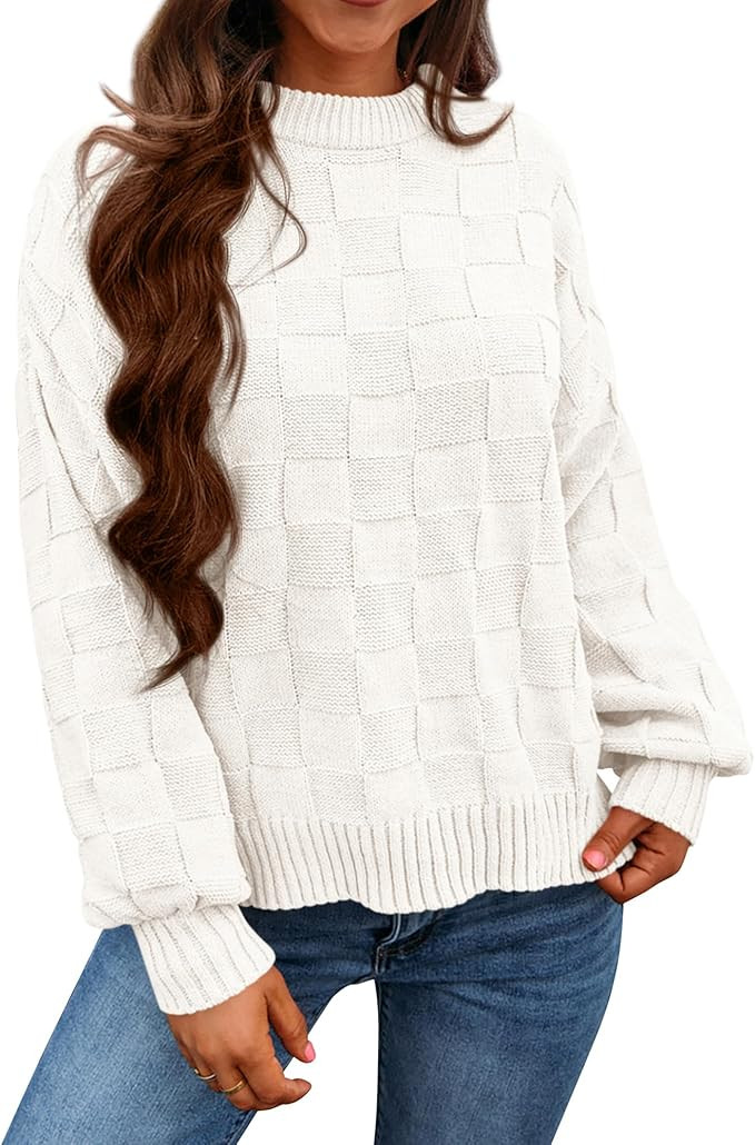 PRETTYGARDEN Women's 2024 Fall Long Sleeve Crewneck Pullover Sweaters Loose Checkered Chunky Ribb... | Amazon (US)