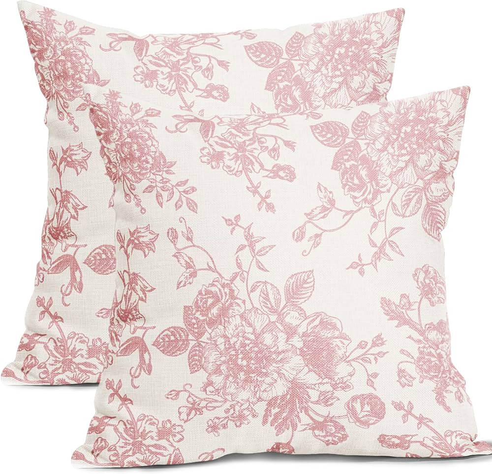 Amazon.com: Kawani Pink and Cream Floral Pillow Covers 18x18 Inch Set of 2 Vintage Throw Chinoise... | Amazon (US)