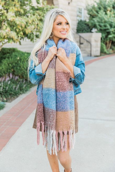 Just Wanna Be Yours Blue/Brown Plaid Scarf | The Pink Lily Boutique