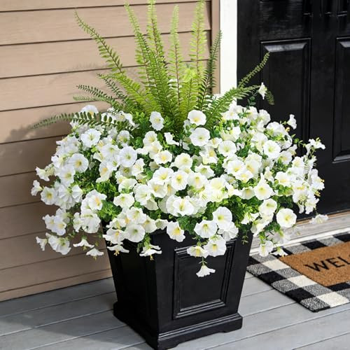 Hrobek Artificial Flowers for Outdoors Faux Plants Outside Indoor,UV Resistant Silk Fake Morning Glory Tall Ferns for Home Patio Garden Back Yard Front Porch Decor Spring Summer(13 Bunches,White) | Amazon (US)