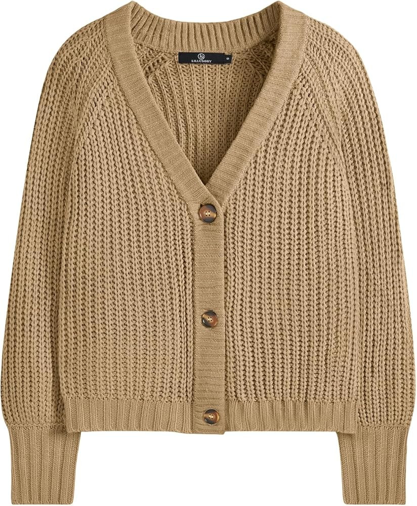 LILLUSORY Women's Chunky Cropped Oversized Cardigan Sweater V Neck Knit Cute Fall Casual Fashion ... | Amazon (US)