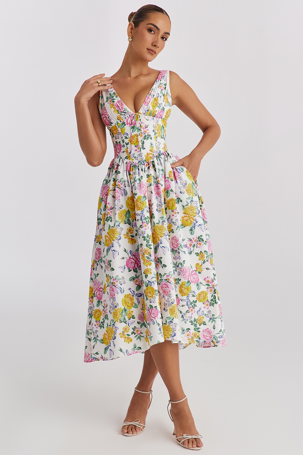 white vintage rose print cotton corset sundress | House of CB
