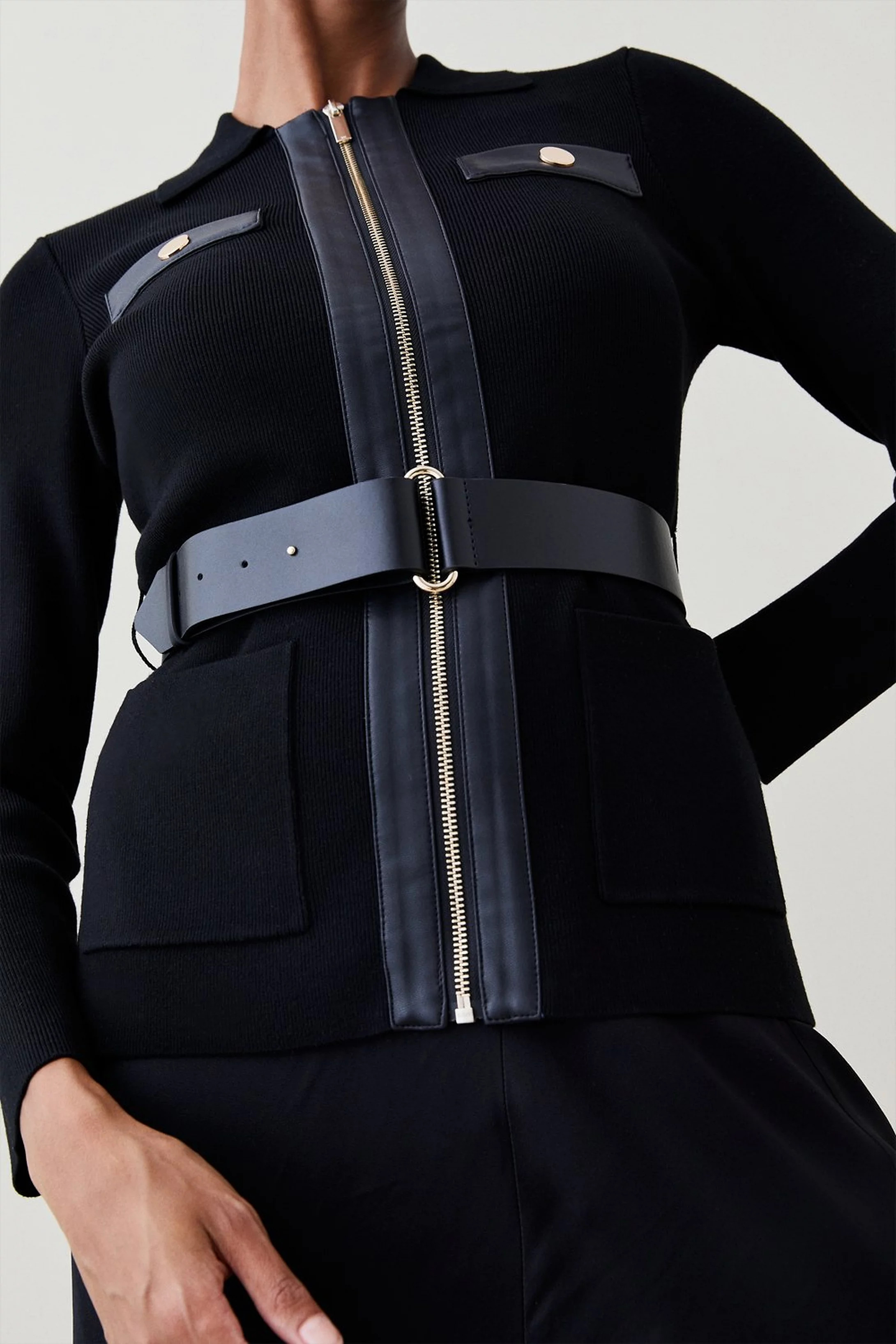 Pu Trim Belted Knit Jacket | Karen Millen UK & IE
