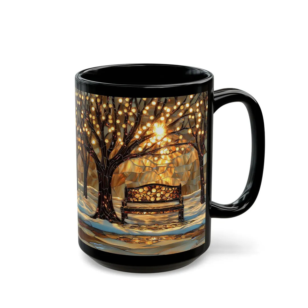 Stained Glass Winter Bench Mug Cozy Golden Light Coffee Cup Snowy Park Art Tea Mug Peaceful Holid... | Etsy (US)