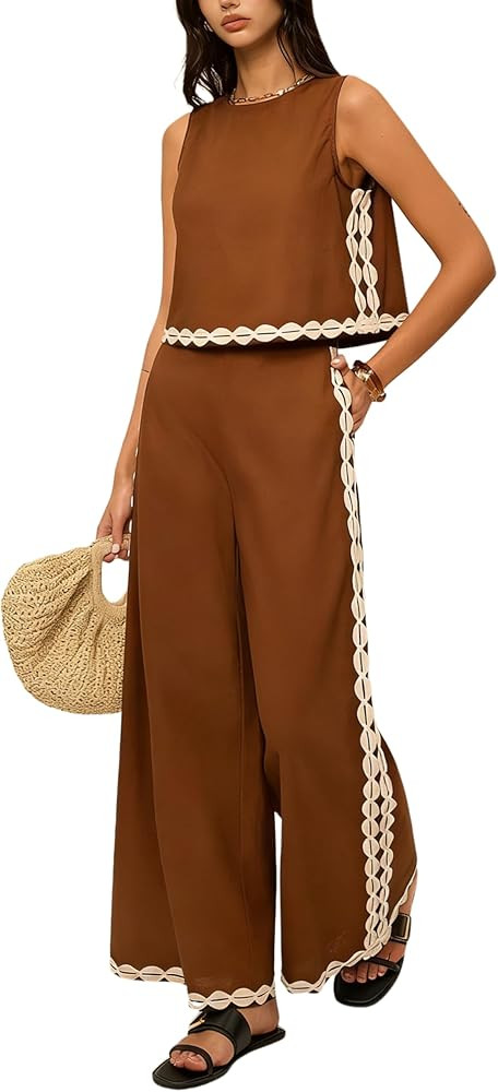 Tanming Two Piece Sets For Women Summer Beach Boho Sleeveless Tank Crop Top Wide Leg Pants Vacati... | Amazon (US)