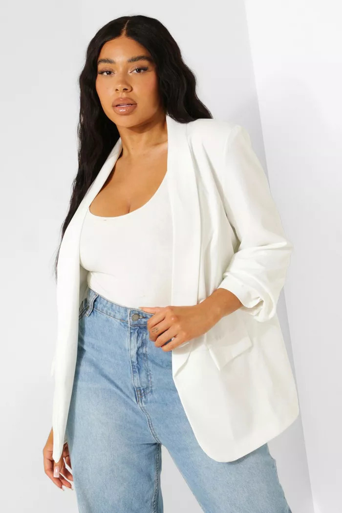 Plus Stretch Woven Ruched Sleeve Blazer | boohoo (US & Canada)