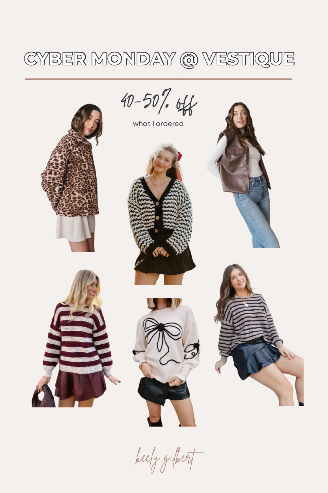 Cyber Monday deals at Vestique. 40-50% off! Holiday styles. Boutique clothes. Bow sweaters. Leopard jacket. Trendy winter style 

#LTKHoliday #LTKCyberWeek #LTKFindsUnder50