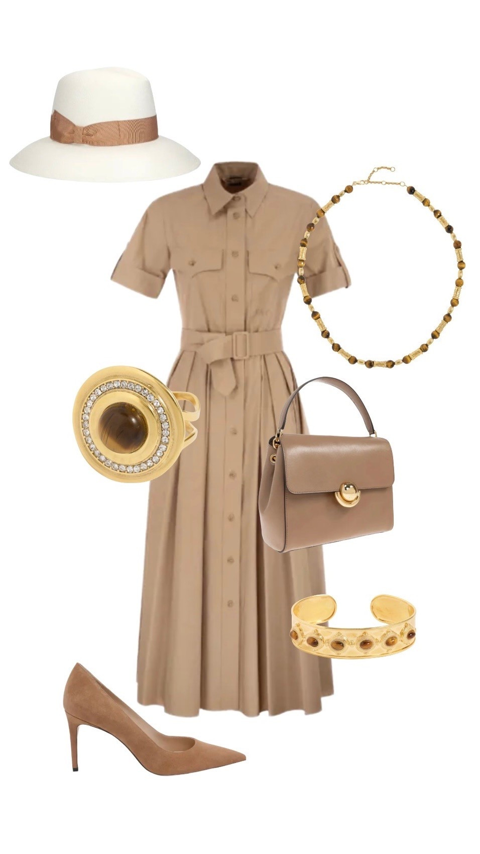 Safari style inspiration for elegant daytime events including Royal Ascot and Wimbledon

Tigers Eye Necklace, Bangle & Ring - Soru Jewellery

Handbag - Furla at Farfetch

Suede Heels - Stuart Weitzman at Farfetch 

Safari Shirt Dress Midi - Fay at Farfetch 

Hat - Borsolino at Farfetch

#LTKluxury #LTKsummer #LTKeurope