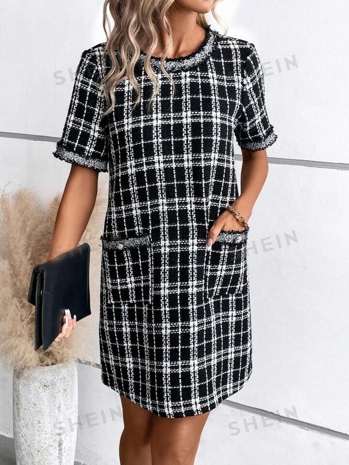 SHEIN Clasi Plaid Print Pocket Patched Tweed Dress | SHEIN