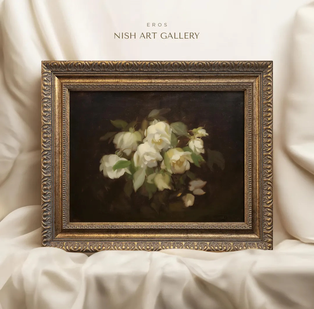 Vintage White Roses Print: Botanical Oil Painting in Ornate Gold Frame #233 - Etsy | Etsy (US)