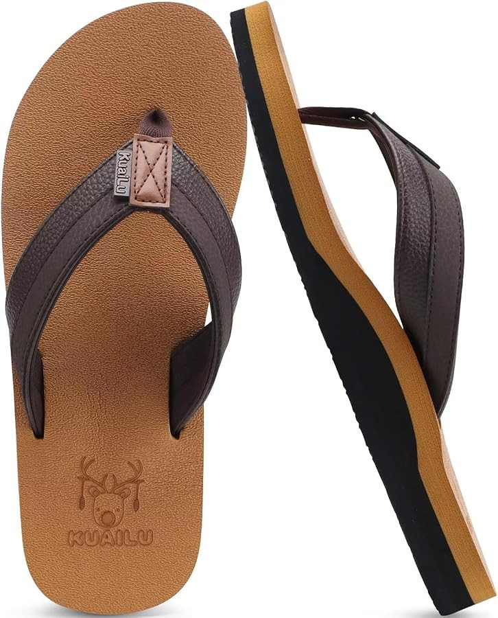 KuaiLu Men's Yoga Mat Leather Flip Flops Thong Sandals with Arch Support | Amazon (US)