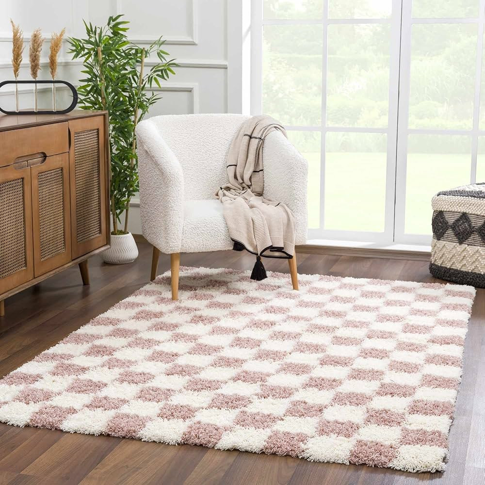 Hauteloom Atira Checkered Shag Area Rug - Checkboard Design - High Pile Fluffy Shaggy Touch - Squ... | Amazon (US)