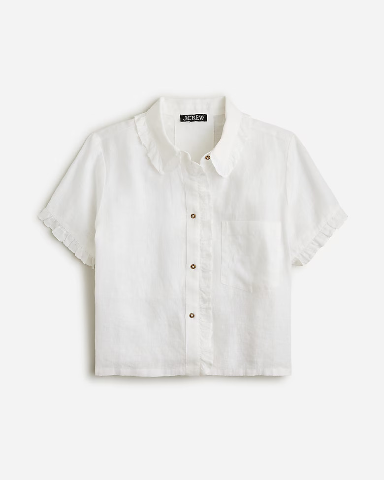 Ruffle-trim button-up shirt in linen | J. Crew US