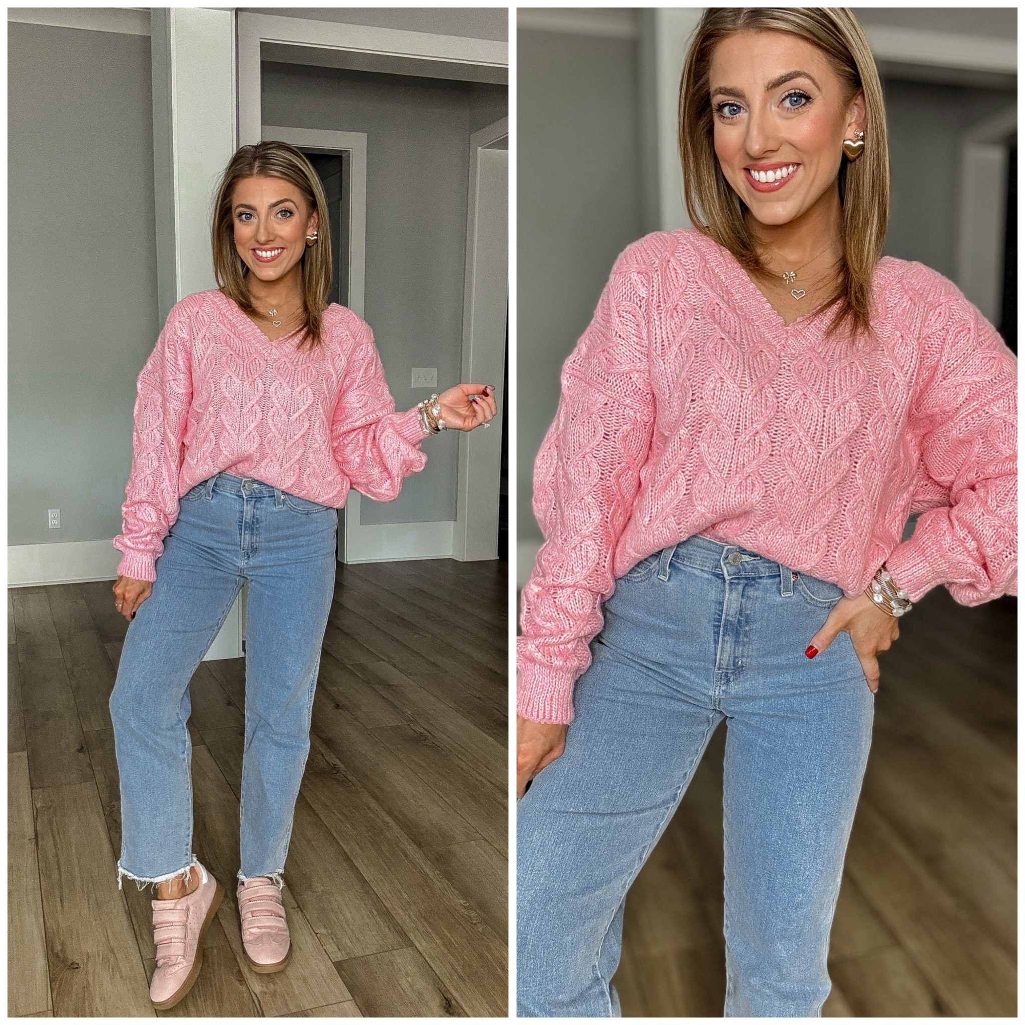 Heart sweater season 💕
This under $20 Walmart heart sweater is such a good find and the perfect piece for Valentine’s Day outfits and everyday wear. The soft knit, subtle heart texture, and flattering v-neck make it feel way more expensive than it is. Easy to front-tuck or wear loose with jeans for a casual, cute look.

If you love affordable Walmart fashion that looks elevated, this one is a must. It’s comfy, lightweight, and perfect to wear now through early spring.

✨ Outfit details:
• Walmart heart sweater – under $20
• Soft knit with all-over heart detail
• Flattering v-neck + relaxed fit
• Styled with light-wash jeans & pink sneakers
• Perfect for Valentine’s Day, casual dates, or everyday mom life

Linked in LTK so you can shop it easily 🛒

#WalmartFashion #WalmartFinds #AffordableStyle #HeartSweater #ValentinesOutfit #Under20Finds #WalmartStyle #BudgetFriendlyFashion #EverydayOutfits #LTKFinds #CasualChic