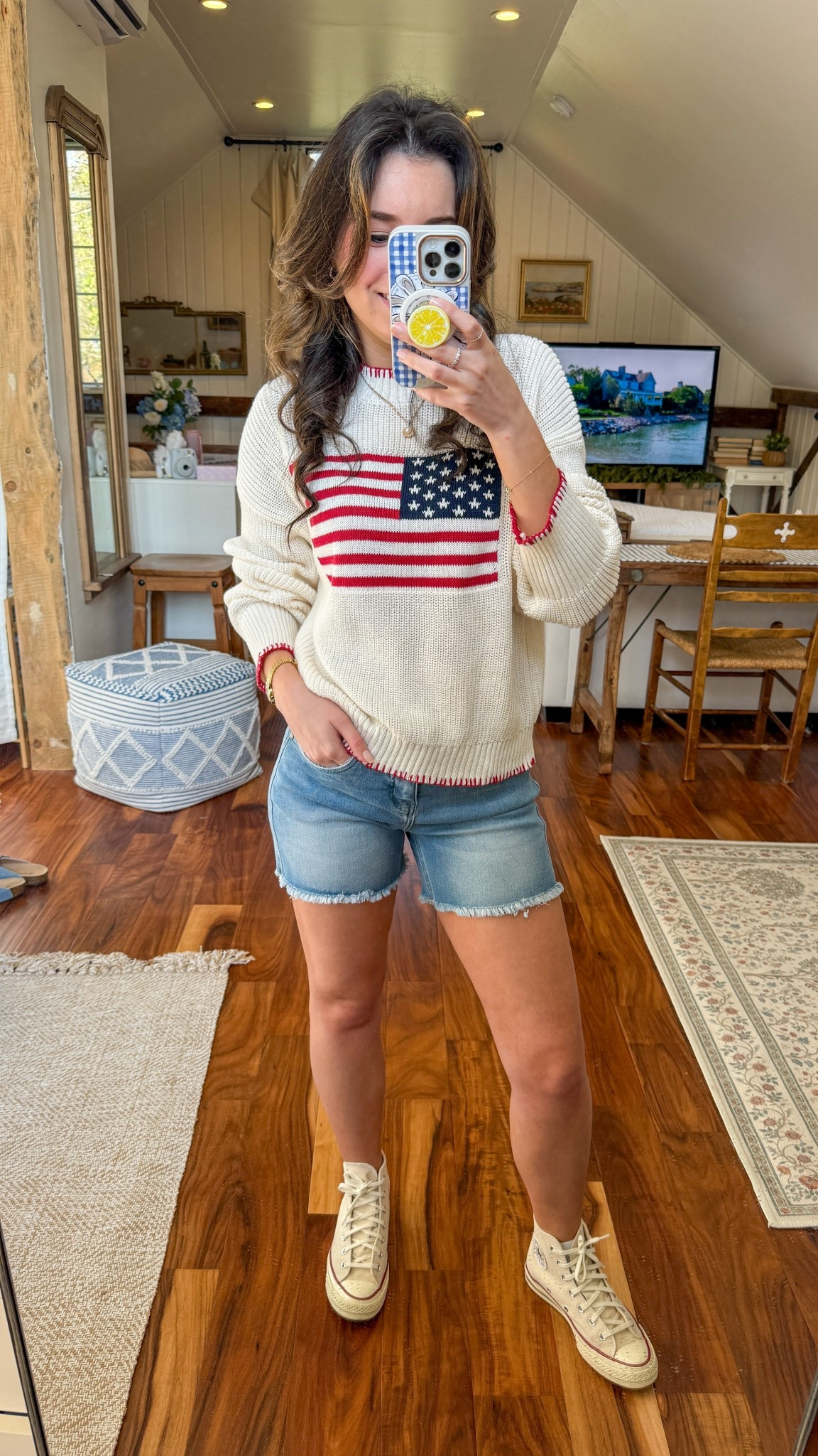 Coastal granddaughter outfit of the day! I am wearing size S in everything (I am 5 foot 3!) 🇺🇸

Flag sweater / American flag sweater / summer flag sweater / beach cover-up / red and white striped skirt / red and white striped maxi skirt / stripe maxi skirt / orange tank top / jean shorts / summer shorts / summer outfit / summer outfits / summer outfit ideas / spring outfit / summer denim / summer sweater / coastal grandmother / coastal granddaughter 
