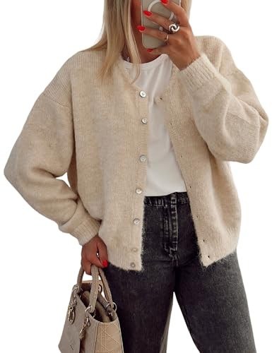 Ynhonra Women's Long Sleeve Front Button Y2k Cardigan Sweaters Crew Neck Loose 2025 Fall Tops(Cream-S) | Amazon (US)