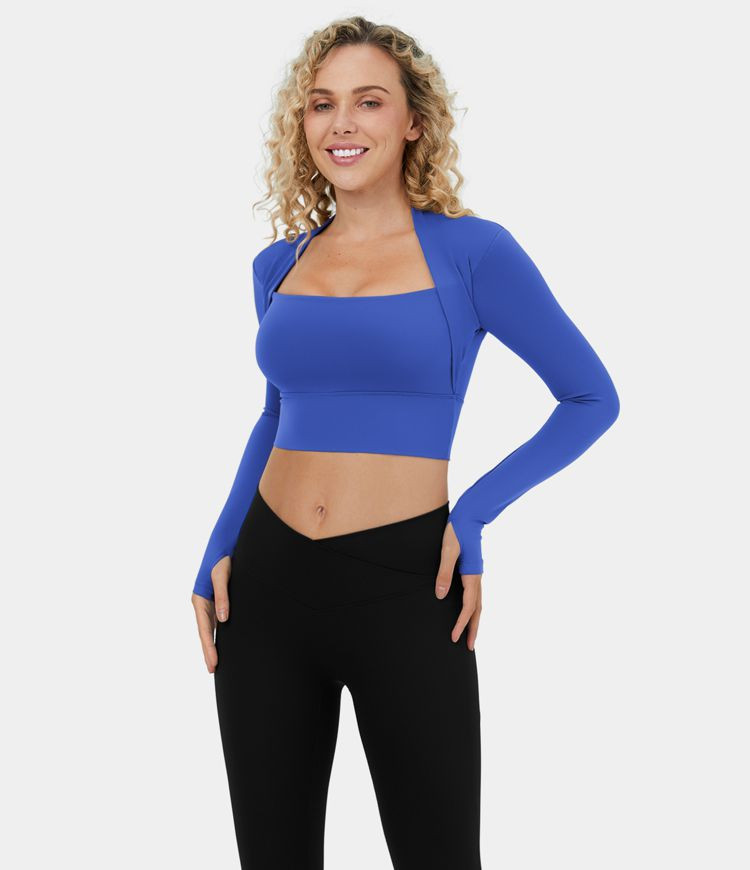 Softlyzero™ Long Sleeve Thumb Hole 2-in-1 Cropped Yoga Sports Top | HALARA