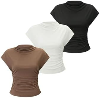 OYOANGLE Women's 3 Pack Business Casual Outfits Mock Neck Ribbed Tank Tops Work Shirts | Amazon (US)